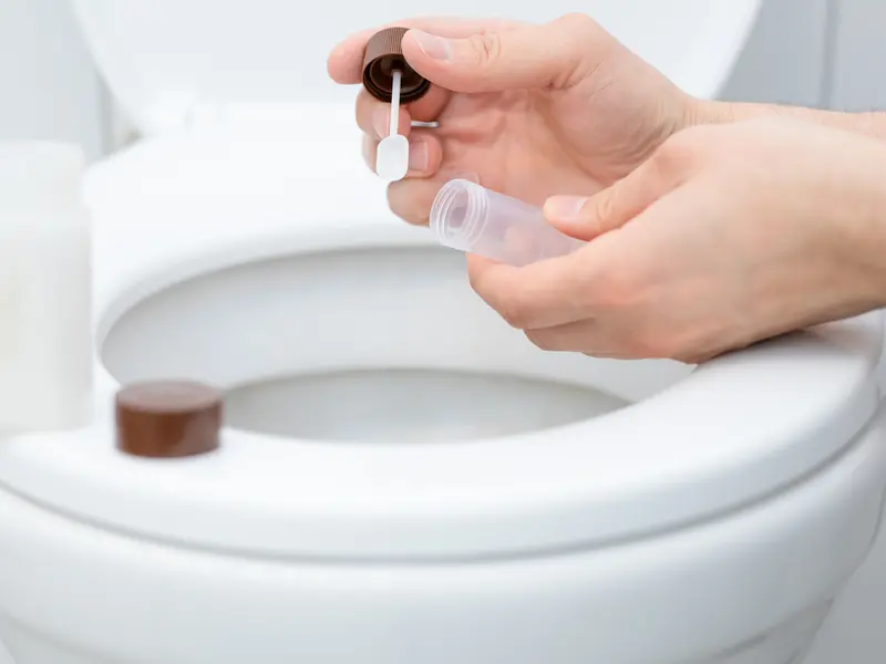 Hands holding a stool sample collection tube